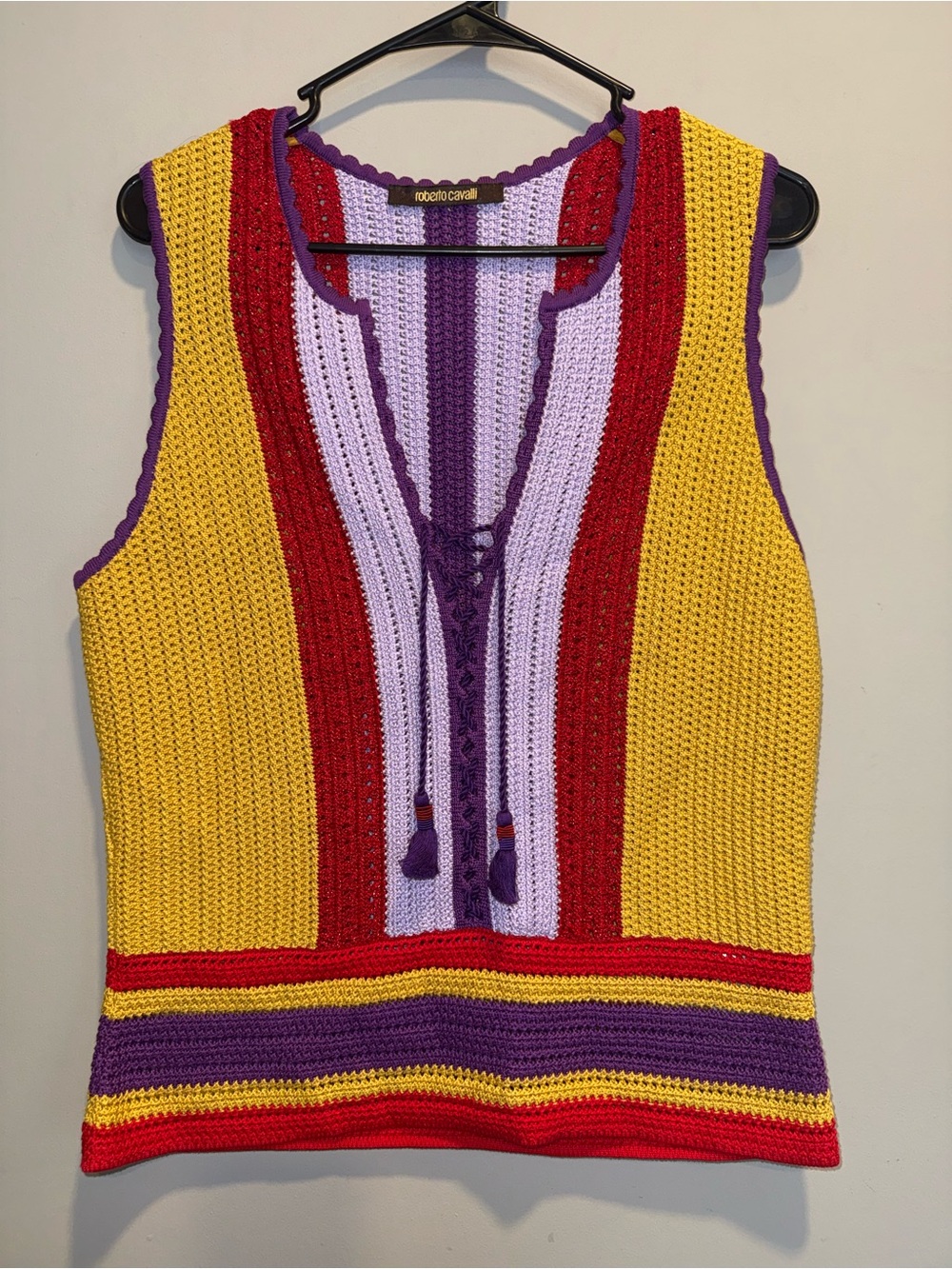 Roberto Cavalli Colorblock Crochet Tank Top in Yellow & Purple
